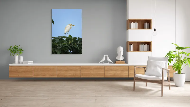 Tablou Canvas, "Egreta pe fondul cerului senin", Pasăre, Frunze, Cer, Albastru, Lumină, Natural, Verde, Galben, Pene, Vârf, 100 x 150 cm – poza 8