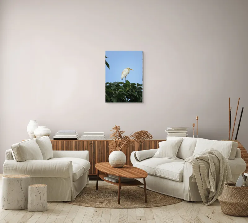 Tablou Canvas, "Egreta pe fondul cerului senin", Pasăre, Frunze, Cer, Albastru, Lumină, Natural, Verde, Galben, Pene, Vârf, 50 x 70 cm – poza 4