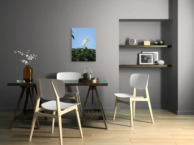 Tablou Canvas, "Egreta pe fondul cerului senin", Pasăre, Frunze, Cer, Albastru, Lumină, Natural, Verde, Galben, Pene, Vârf, 50 x 70 cm – poza 5