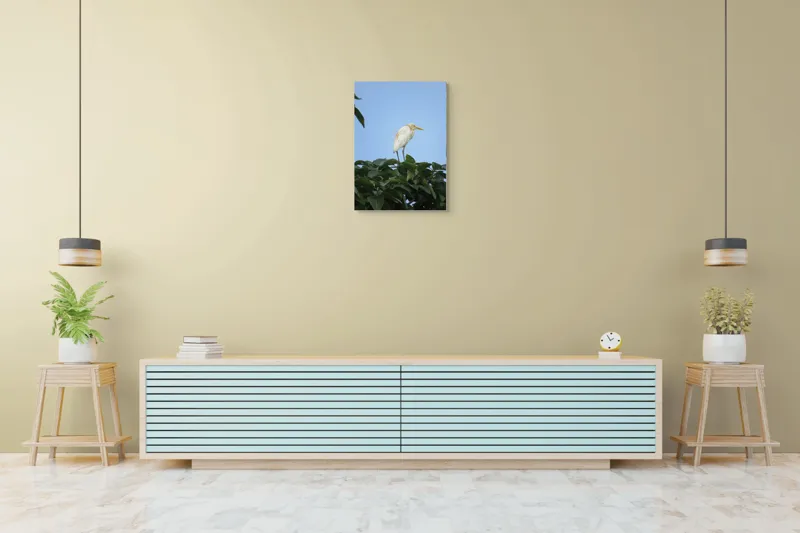 Tablou Canvas, "Egreta pe fondul cerului senin", Pasăre, Frunze, Cer, Albastru, Lumină, Natural, Verde, Galben, Pene, Vârf, 50 x 70 cm – poza 6