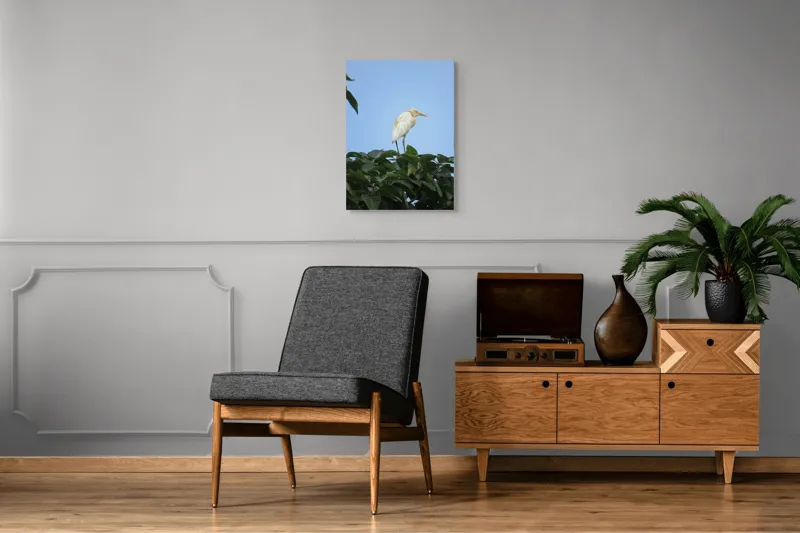 Tablou Canvas, "Egreta pe fondul cerului senin", Pasăre, Frunze, Cer, Albastru, Lumină, Natural, Verde, Galben, Pene, Vârf, 50 x 70 cm – poza 8