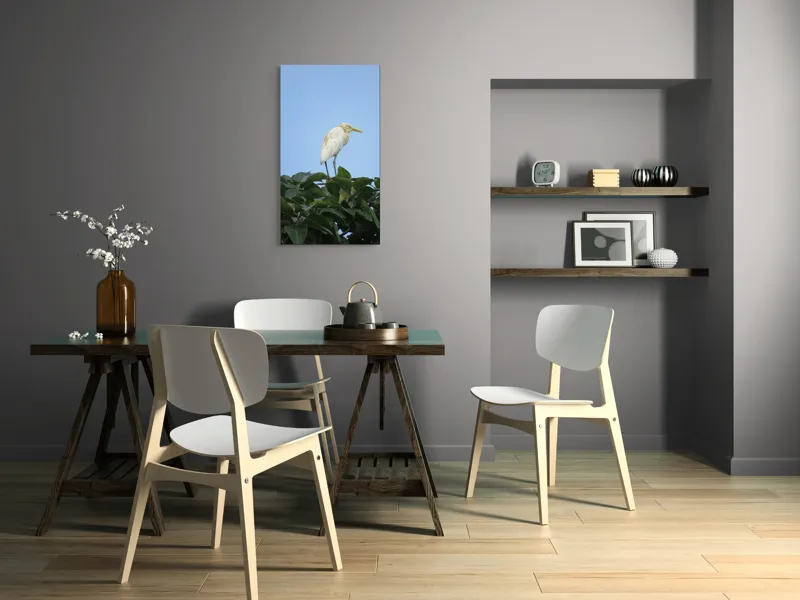 Tablou Canvas, "Egreta pe fondul cerului senin", Pasăre, Frunze, Cer, Albastru, Lumină, Natural, Verde, Galben, Pene, Vârf, 50 x 90 cm – poza 4