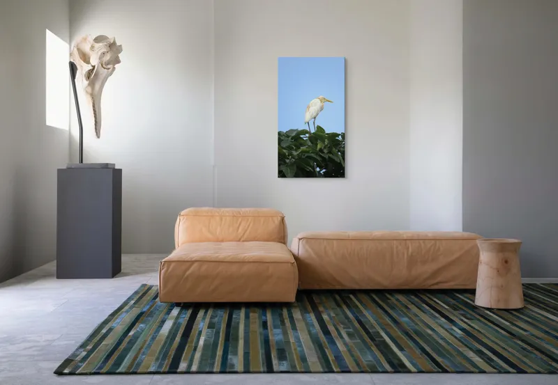 Tablou Canvas, "Egreta pe fondul cerului senin", Pasăre, Frunze, Cer, Albastru, Lumină, Natural, Verde, Galben, Pene, Vârf, 50 x 90 cm – poza 5