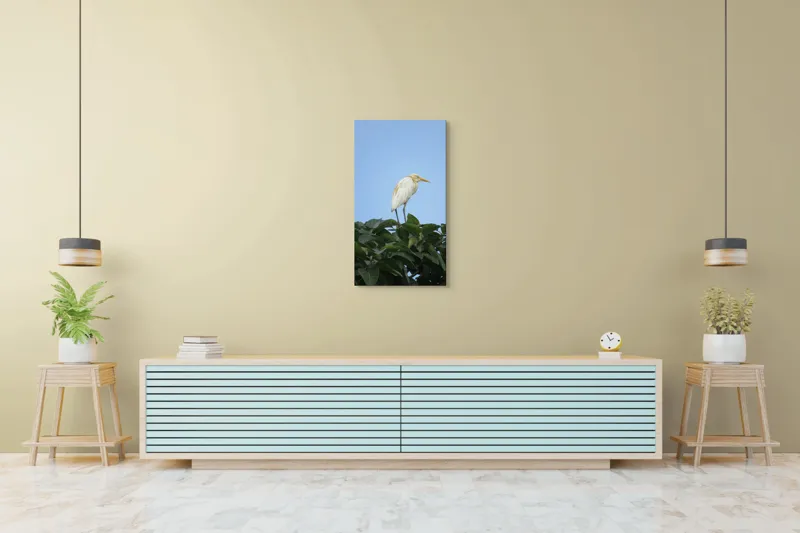 Tablou Canvas, "Egreta pe fondul cerului senin", Pasăre, Frunze, Cer, Albastru, Lumină, Natural, Verde, Galben, Pene, Vârf, 50 x 90 cm – poza 6