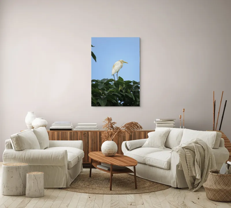 Tablou Canvas, "Egreta pe fondul cerului senin", Pasăre, Frunze, Cer, Albastru, Lumină, Natural, Verde, Galben, Pene, Vârf, 70 x 100 cm – poza 4