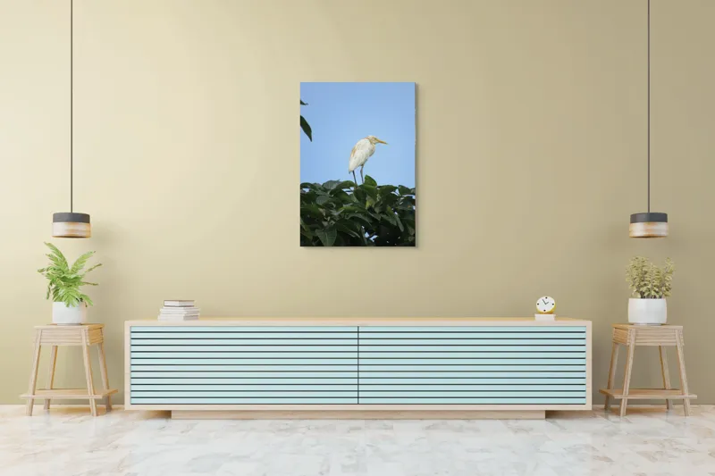 Tablou Canvas, "Egreta pe fondul cerului senin", Pasăre, Frunze, Cer, Albastru, Lumină, Natural, Verde, Galben, Pene, Vârf, 70 x 100 cm – poza 5
