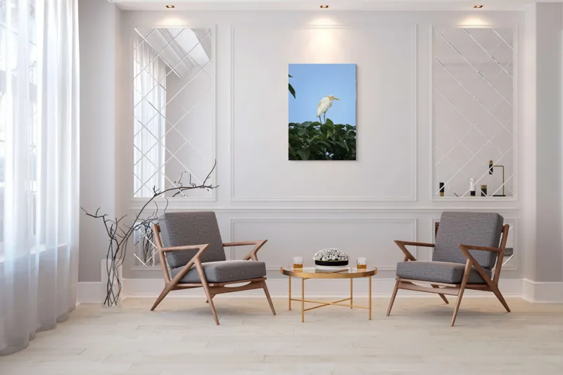 Tablou Canvas, "Egreta pe fondul cerului senin", Pasăre, Frunze, Cer, Albastru, Lumină, Natural, Verde, Galben, Pene, Vârf, 70 x 100 cm – poza 8