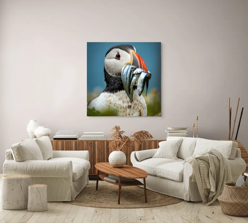 Tablou Canvas, "Puffin cu prada-n cioc strălucitor", Puffin, Colorat, Ocean, Pești, Natură, Cioc, Frumusețe, Viață, Sălbatică, Pene, Albastru, Observare, Vânător, Habitat, Viu, 100 x 100 cm – poza 3