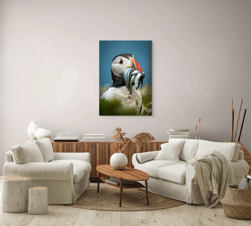 Tablou Canvas, "Puffin cu prada-n cioc strălucitor", Puffin, Colorat, Ocean, Pești, Natură, Cioc, Frumusețe, Viață, Sălbatică, Pene, Albastru, Observare, Vânător, Habitat, Viu, 70 x 100 cm – poza 4