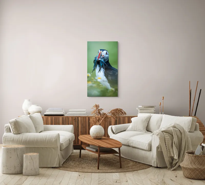 Tablou Canvas, "Puffin cu prada în ciocul colorat", Puffin, Pește, Natură, Viu, Viu, Colorat, Dinamic, Ținută, Pradă, Verde, Claritate, Ochi., 50 x 90 cm – poza 7