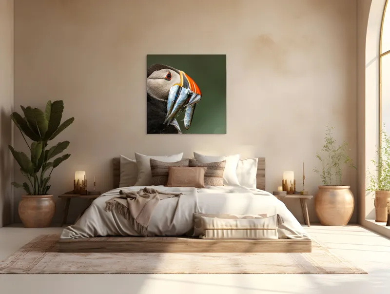 Tablou Canvas, "Papagalul arctic și prada sa argintie", Pasăre, Clovn, Portocaliu, Pești, Natură, Balanță, Prindere, Detaliu, Ochi, Faună, 100 x 100 cm – poza 4