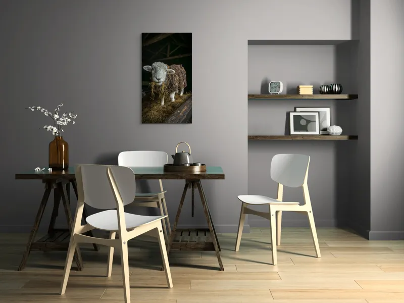 Tablou Canvas, "Oaia curioasă din grajdul întunecos", Oiță, Lână, Fân, Grajd, Blană, Urechi, Privire, Peisaj, Rural, Acoperiș, 50 x 90 cm – poza 4