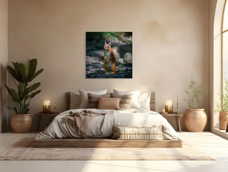 Tablou Canvas, "Veveriță curioasă în pădurea umbrită", Veveriță, Pădure, Umbră, Piatră, Blană, Coadă, Ochii, Lumină, Iarbă, Poză, 100 x 100 cm – poza 4