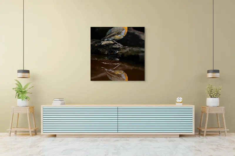 Tablou Canvas, "Pasărea și reflexia apei serene", Pasăre, Oglindire, Apă, Natură, Pene, Culoare, Frumusețe, Contrast, 100 x 100 cm – poza 5