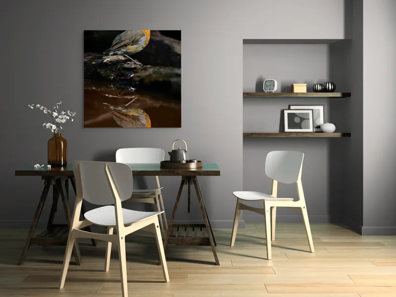 Tablou Canvas, "Pasărea și reflexia apei serene", Pasăre, Oglindire, Apă, Natură, Pene, Culoare, Frumusețe, Contrast, 100 x 100 cm – poza 6