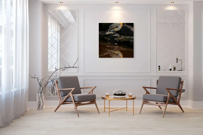 Tablou Canvas, "Pasărea și reflexia apei serene", Pasăre, Oglindire, Apă, Natură, Pene, Culoare, Frumusețe, Contrast, 100 x 100 cm – poza 7