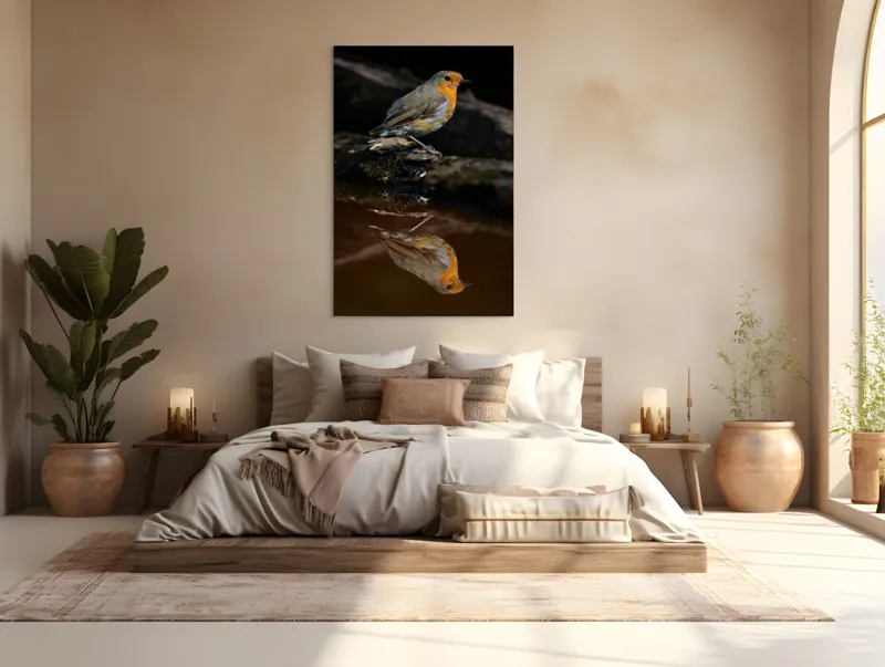 Tablou Canvas, "Pasărea și reflexia apei serene", Pasăre, Oglindire, Apă, Natură, Pene, Culoare, Frumusețe, Contrast, 100 x 150 cm – poza 3