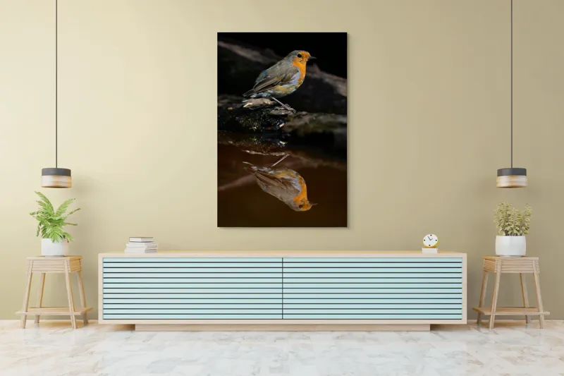 Tablou Canvas, "Pasărea și reflexia apei serene", Pasăre, Oglindire, Apă, Natură, Pene, Culoare, Frumusețe, Contrast, 100 x 150 cm – poza 4