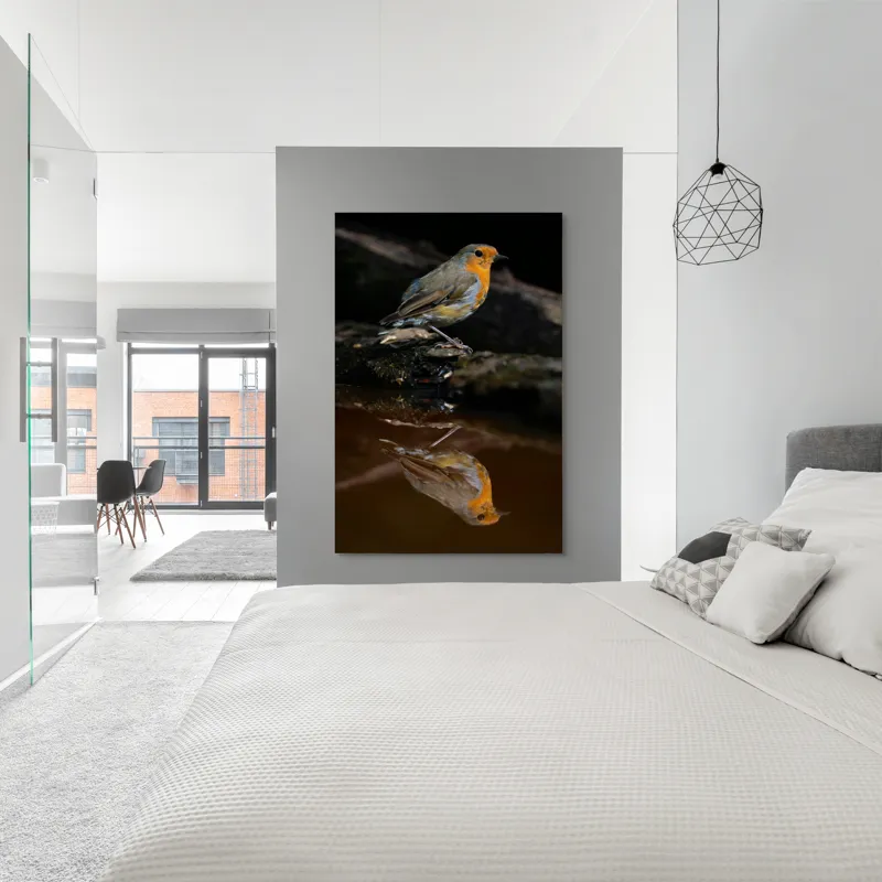 Tablou Canvas, "Pasărea și reflexia apei serene", Pasăre, Oglindire, Apă, Natură, Pene, Culoare, Frumusețe, Contrast, 100 x 150 cm – poza 5