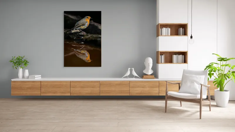 Tablou Canvas, "Pasărea și reflexia apei serene", Pasăre, Oglindire, Apă, Natură, Pene, Culoare, Frumusețe, Contrast, 100 x 150 cm – poza 8