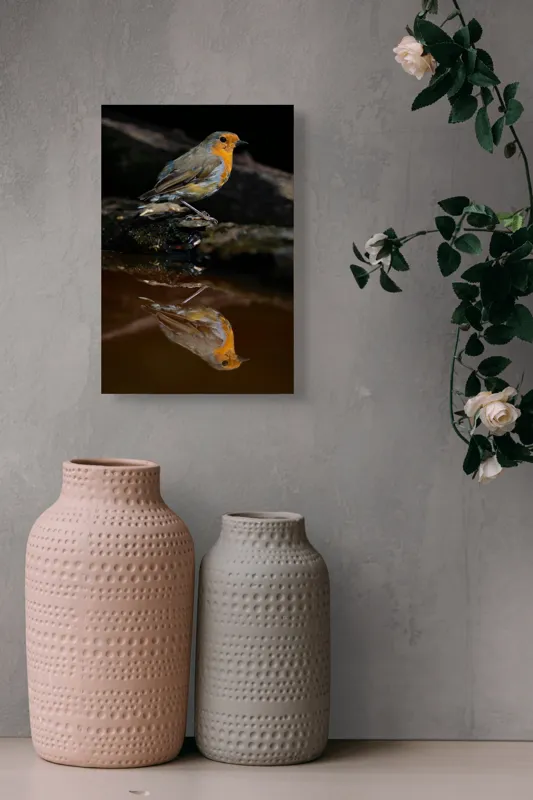 Tablou Canvas, "Pasărea și reflexia apei serene", Pasăre, Oglindire, Apă, Natură, Pene, Culoare, Frumusețe, Contrast, 26 x 39 cm – poza 6