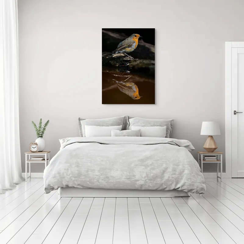 Tablou Canvas, "Pasărea și reflexia apei serene", Pasăre, Oglindire, Apă, Natură, Pene, Culoare, Frumusețe, Contrast, 70 x 100 cm – poza 3