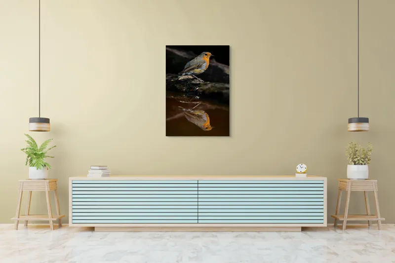 Tablou Canvas, "Pasărea și reflexia apei serene", Pasăre, Oglindire, Apă, Natură, Pene, Culoare, Frumusețe, Contrast, 70 x 100 cm – poza 5