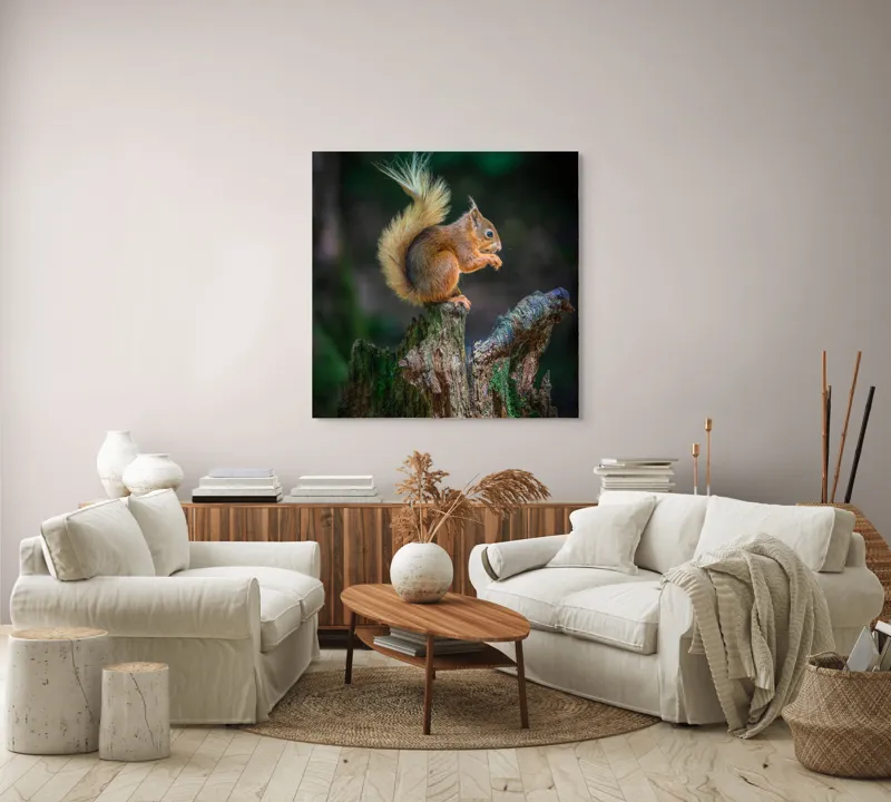 Tablou Canvas, "Veveriță pe trunchi mâncând semințe", Veveriță, Coadă, Blană, Trunchi, Copac, Natură, Pădure, Verde, Lemn, Adorabilă, 100 x 100 cm – poza 3