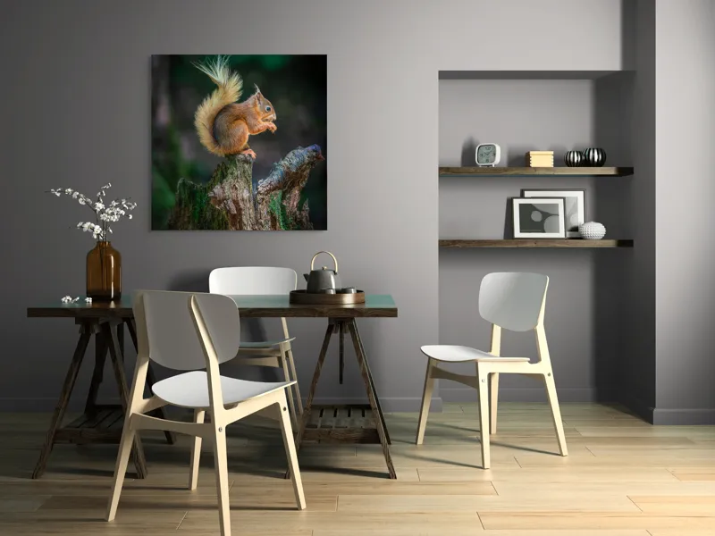 Tablou Canvas, "Veveriță pe trunchi mâncând semințe", Veveriță, Coadă, Blană, Trunchi, Copac, Natură, Pădure, Verde, Lemn, Adorabilă, 100 x 100 cm – poza 6