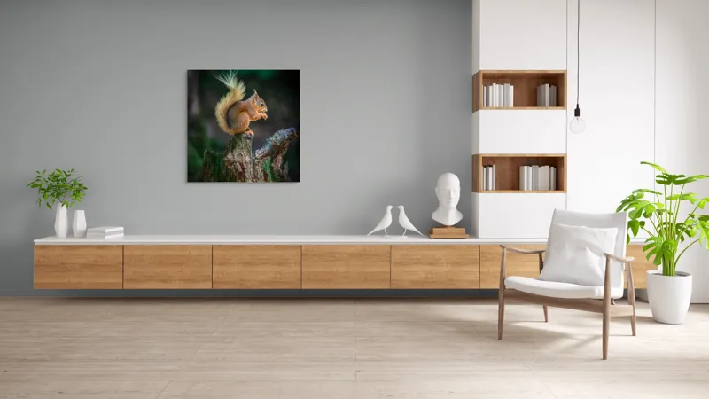 Tablou Canvas, "Veveriță pe trunchi mâncând semințe", Veveriță, Coadă, Blană, Trunchi, Copac, Natură, Pădure, Verde, Lemn, Adorabilă, 100 x 100 cm – poza 8