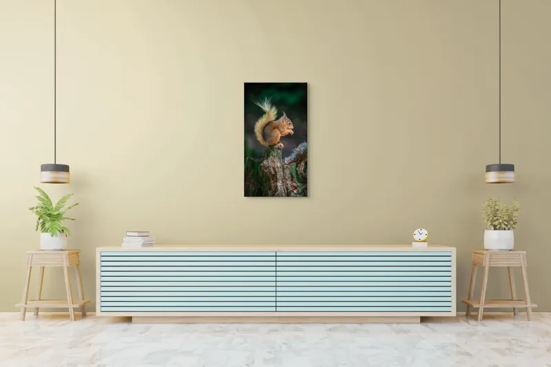 Tablou Canvas, "Veveriță pe trunchi mâncând semințe", Veveriță, Coadă, Blană, Trunchi, Copac, Natură, Pădure, Verde, Lemn, Adorabilă, 50 x 90 cm – poza 6