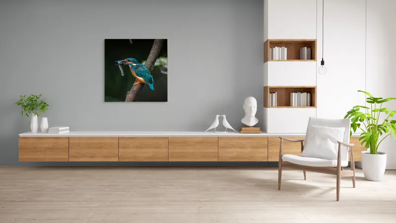 Tablou Canvas, "Pescăruș albastru prinde peștișor argintiu", Pasăre, Pescar, Colorat, Ramură, Pradă, Apă, Natură, Detalii., 100 x 100 cm – poza 8
