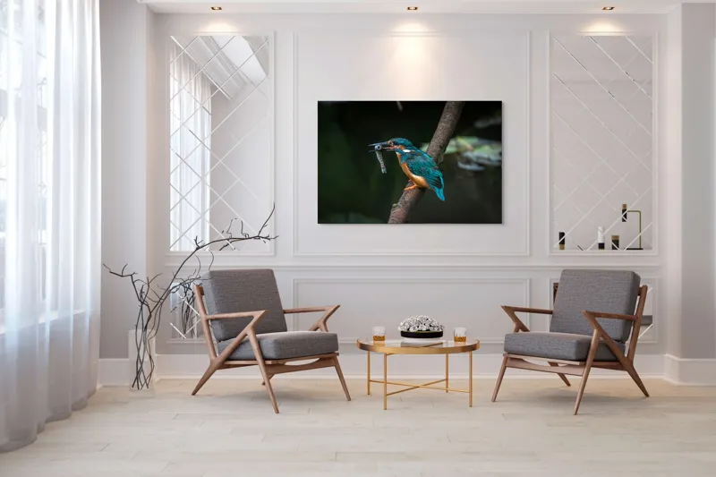 Tablou Canvas, "Pescăruș albastru prinde peștișor argintiu", Pasăre, Pescar, Colorat, Ramură, Pradă, Apă, Natură, Detalii., 150 x 100 cm – poza 7