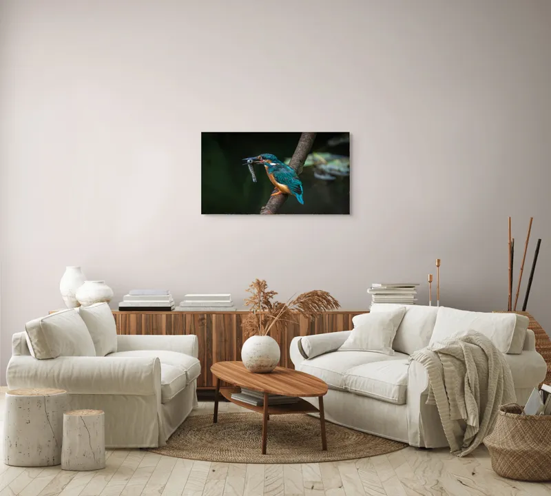 Tablou Canvas, "Pescăruș albastru prinde peștișor argintiu", Pasăre, Pescar, Colorat, Ramură, Pradă, Apă, Natură, Detalii., 90 x 50 cm – poza 4