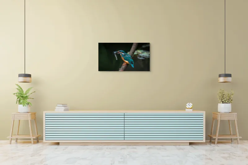 Tablou Canvas, "Pescăruș albastru prinde peștișor argintiu", Pasăre, Pescar, Colorat, Ramură, Pradă, Apă, Natură, Detalii., 90 x 50 cm – poza 5