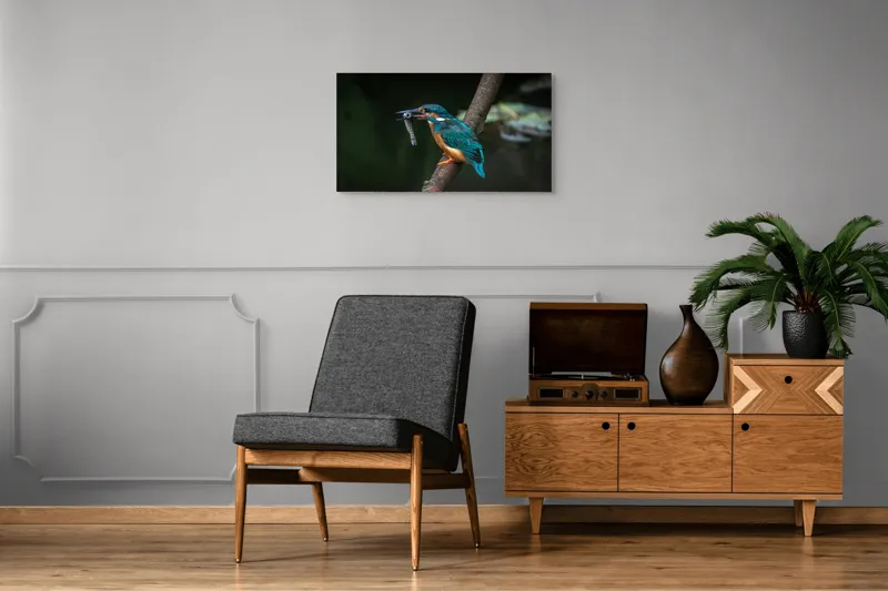 Tablou Canvas, "Pescăruș albastru prinde peștișor argintiu", Pasăre, Pescar, Colorat, Ramură, Pradă, Apă, Natură, Detalii., 90 x 50 cm – poza 6