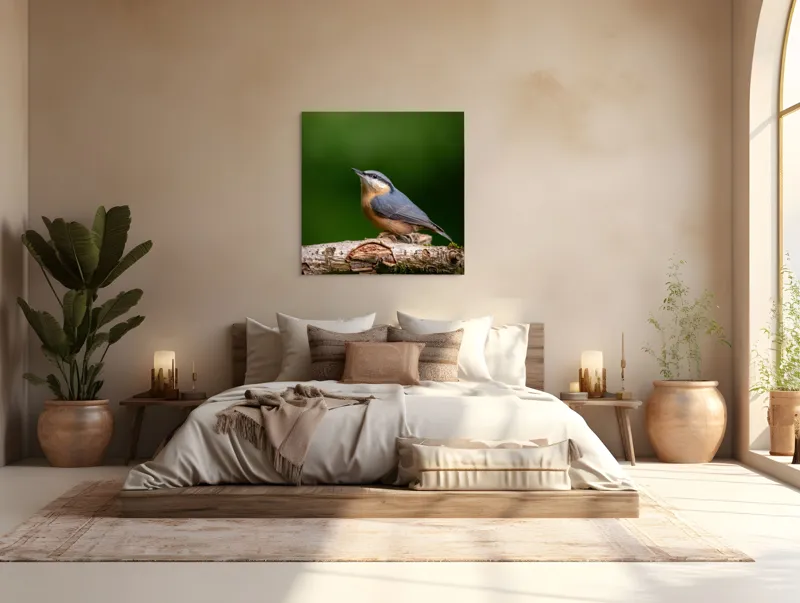 Tablou Canvas, "păsărea pe creanga liniștii verzi", Pasăre, Ramură, Verde, Penaj, Cer, Natură, Fragilitate, Liniște, Delicatețe, 100 x 100 cm – poza 4
