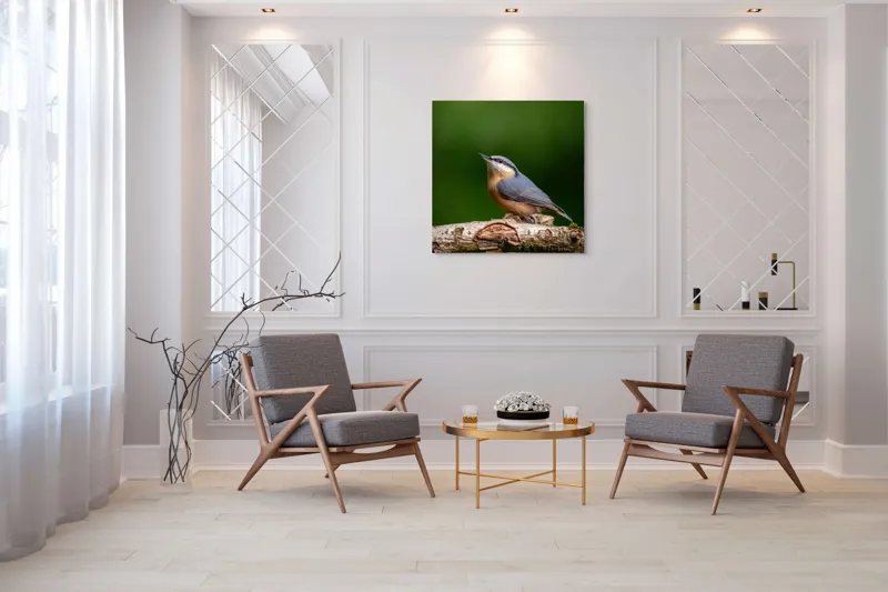 Tablou Canvas, "păsărea pe creanga liniștii verzi", Pasăre, Ramură, Verde, Penaj, Cer, Natură, Fragilitate, Liniște, Delicatețe, 100 x 100 cm – poza 7
