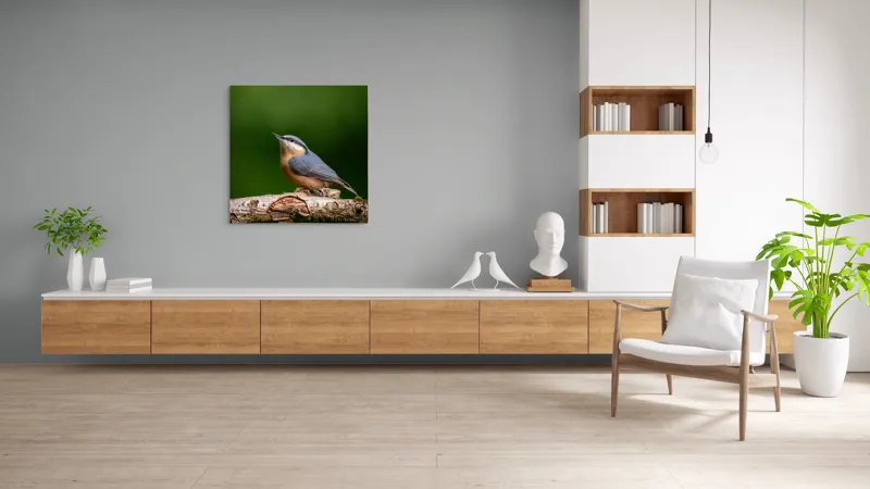 Tablou Canvas, "păsărea pe creanga liniștii verzi", Pasăre, Ramură, Verde, Penaj, Cer, Natură, Fragilitate, Liniște, Delicatețe, 100 x 100 cm – poza 8