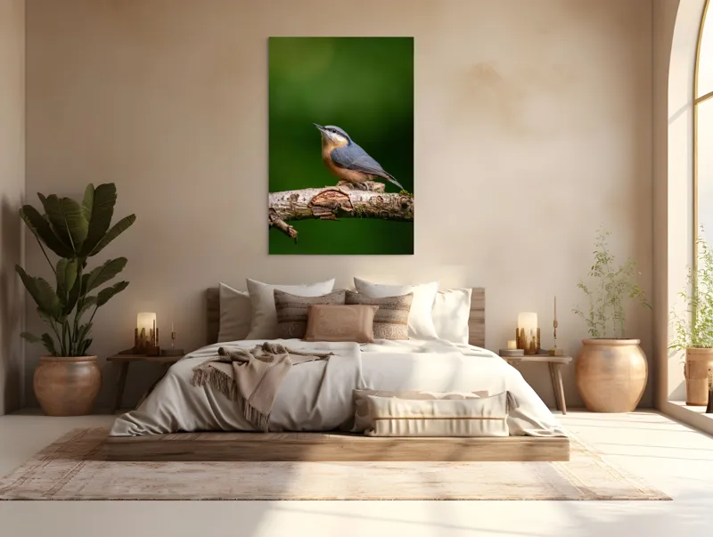 Tablou Canvas, "păsărea pe creanga liniștii verzi", Pasăre, Ramură, Verde, Penaj, Cer, Natură, Fragilitate, Liniște, Delicatețe, 100 x 150 cm – poza 3