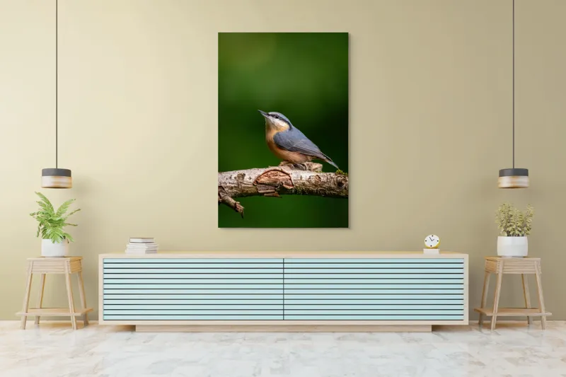 Tablou Canvas, "păsărea pe creanga liniștii verzi", Pasăre, Ramură, Verde, Penaj, Cer, Natură, Fragilitate, Liniște, Delicatețe, 100 x 150 cm – poza 4