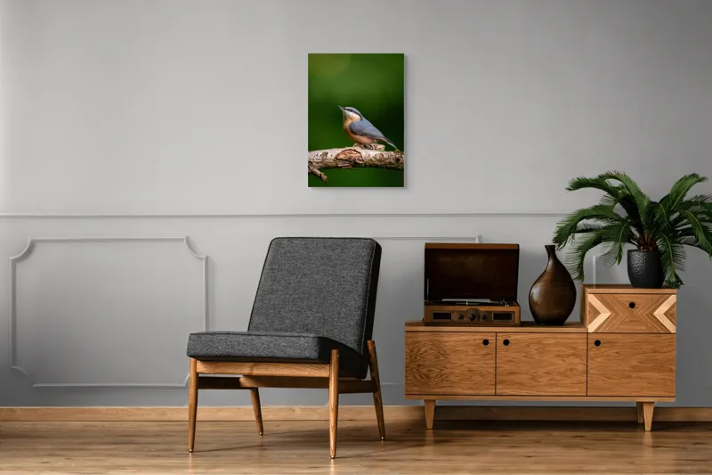 Tablou Canvas, "păsărea pe creanga liniștii verzi", Pasăre, Ramură, Verde, Penaj, Cer, Natură, Fragilitate, Liniște, Delicatețe, 50 x 70 cm – poza 8