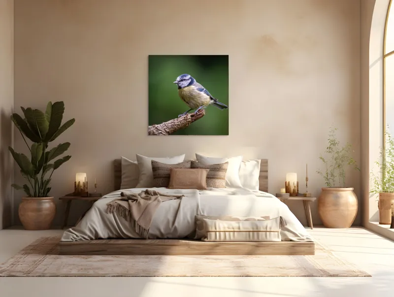 Tablou Canvas, "Nu știu cine este în imagine.", Pasăre, Crenguță, Penaj, Verde, Ochi, Aripă, Natură, Bărbie, Albastru, Galben, 100 x 100 cm – poza 4