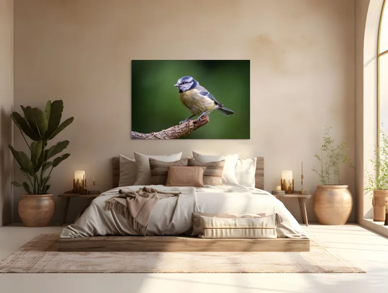 Tablou Canvas, "Nu știu cine este în imagine.", Pasăre, Crenguță, Penaj, Verde, Ochi, Aripă, Natură, Bărbie, Albastru, Galben, 150 x 100 cm – poza 4