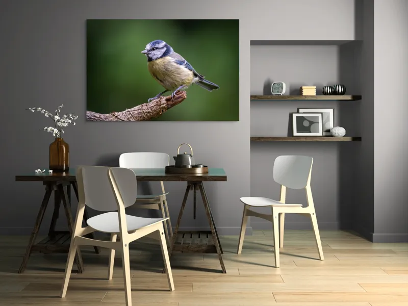 Tablou Canvas, "Nu știu cine este în imagine.", Pasăre, Crenguță, Penaj, Verde, Ochi, Aripă, Natură, Bărbie, Albastru, Galben, 150 x 100 cm – poza 5