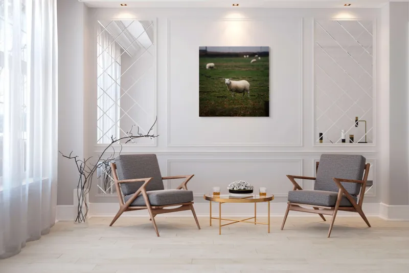 Tablou Canvas, "Oaia singuratică pe câmp verde", Oaie, Câmp, Verdeață, Nori, Ceramică, Toamnă, Liniște, Pășune, 100 x 100 cm – poza 7