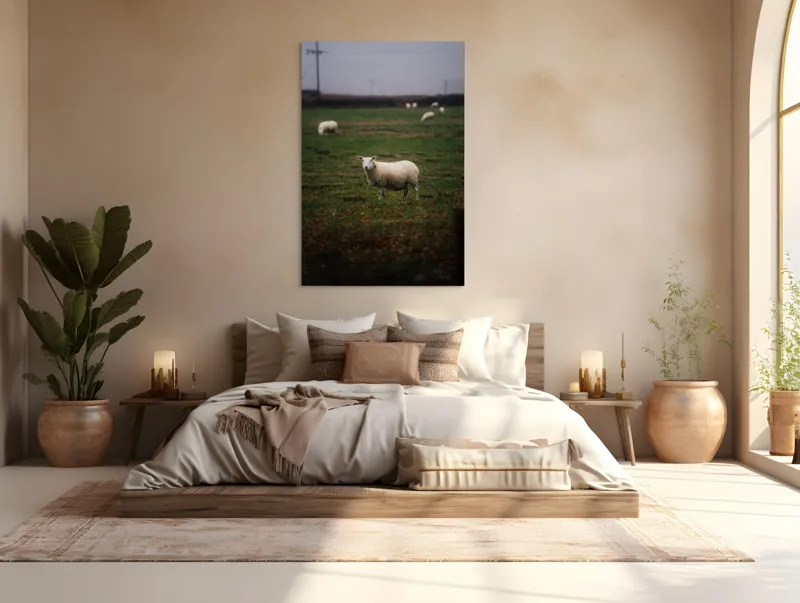 Tablou Canvas, "Oaia singuratică pe câmp verde", Oaie, Câmp, Verdeață, Nori, Ceramică, Toamnă, Liniște, Pășune, 100 x 150 cm – poza 3