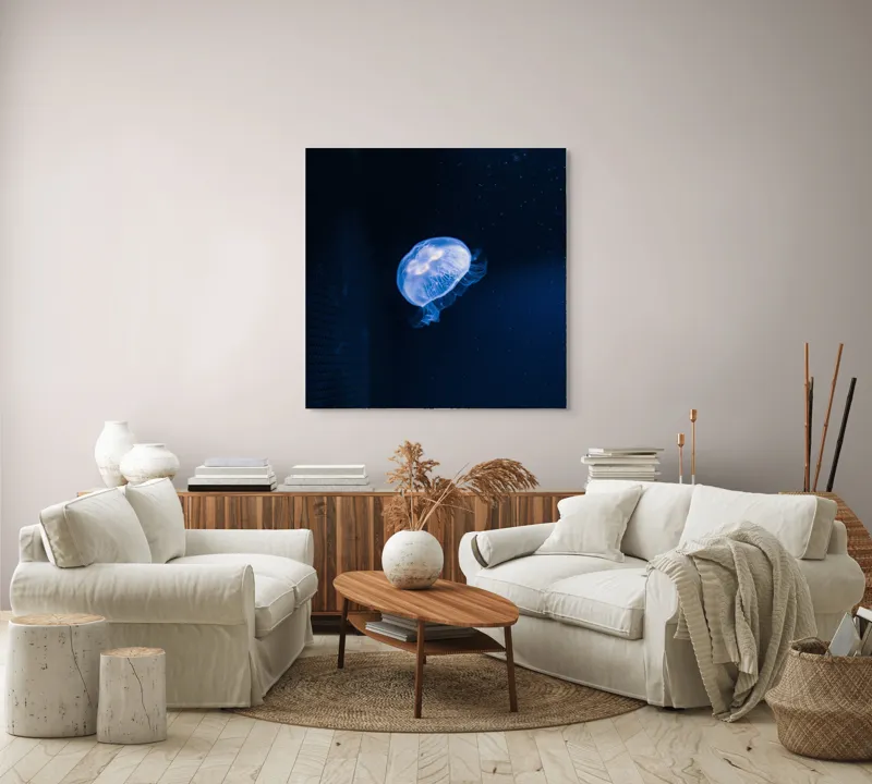 Tablou Canvas, "Lumina albastră a meduzelor misterioase", Mistic, Albastru, Lumină, Eteric, Ocean, Grație, Calm, Mister, 100 x 100 cm – poza 3