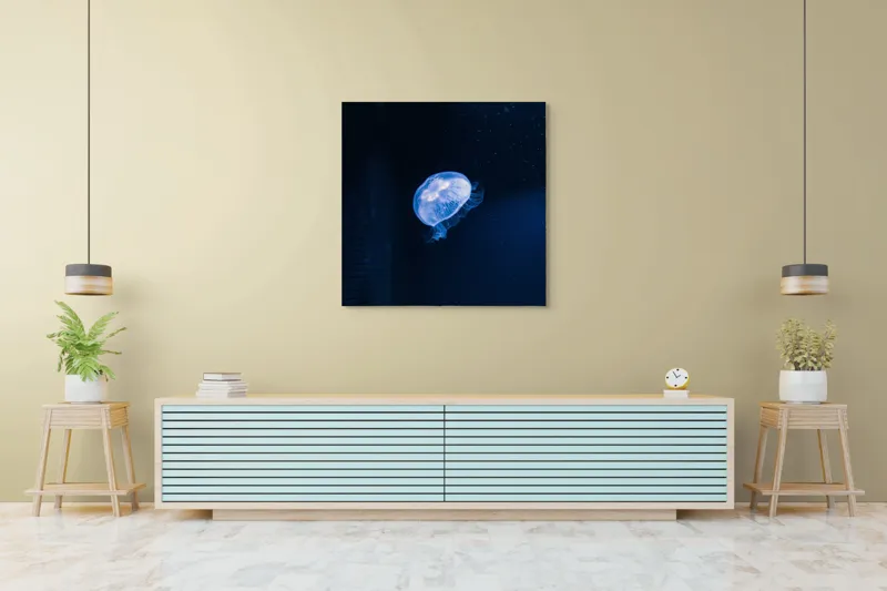 Tablou Canvas, "Lumina albastră a meduzelor misterioase", Mistic, Albastru, Lumină, Eteric, Ocean, Grație, Calm, Mister, 100 x 100 cm – poza 5