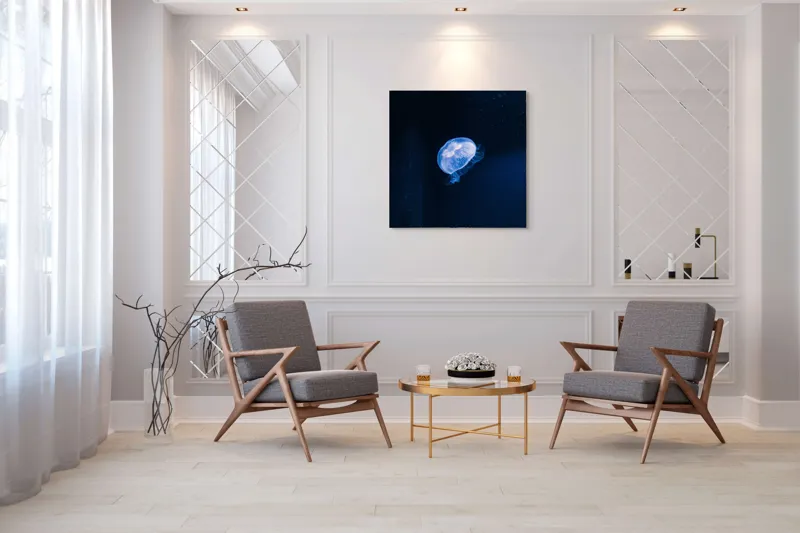Tablou Canvas, "Lumina albastră a meduzelor misterioase", Mistic, Albastru, Lumină, Eteric, Ocean, Grație, Calm, Mister, 100 x 100 cm – poza 7